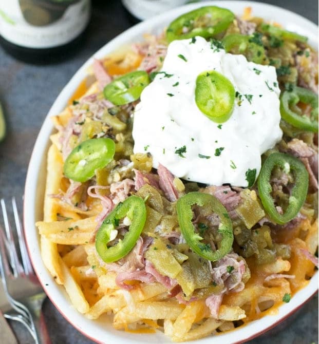 Green chili pulled pork loaded cheese fries