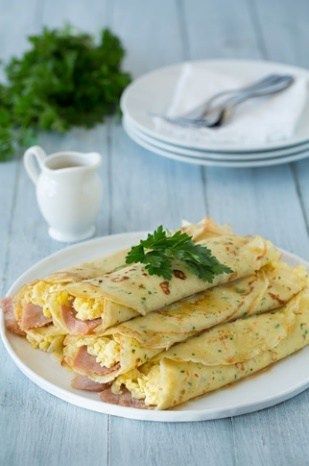 Herb Crepes with Eggs Swiss Ham and Browned Butter