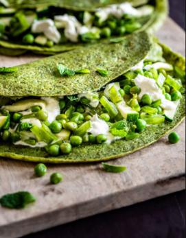 Sweet Pea Spinach Crepes with Whipped Goat Cheese