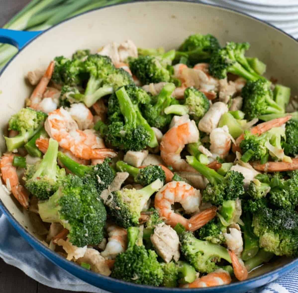 Chicken and shrimp stir fry with broccoli