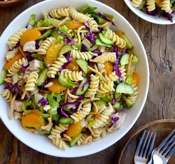 Chinese chicken pasta salad with sesame dressing