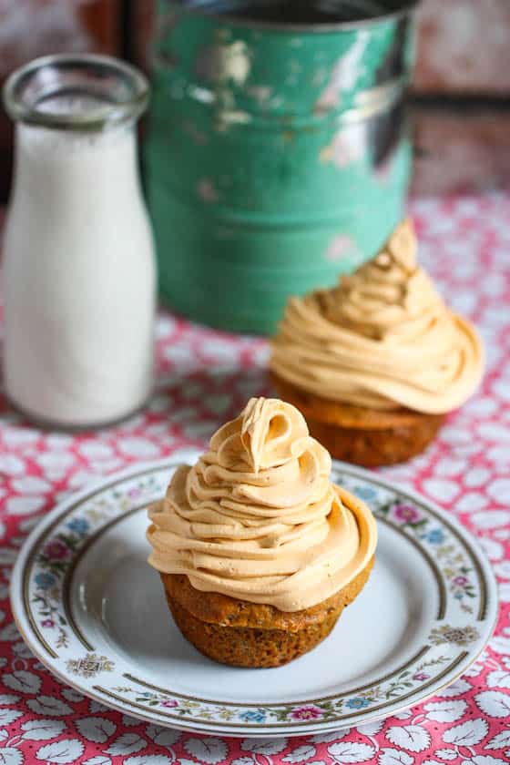 Date nut cupcakes with butterscotch chip frosting