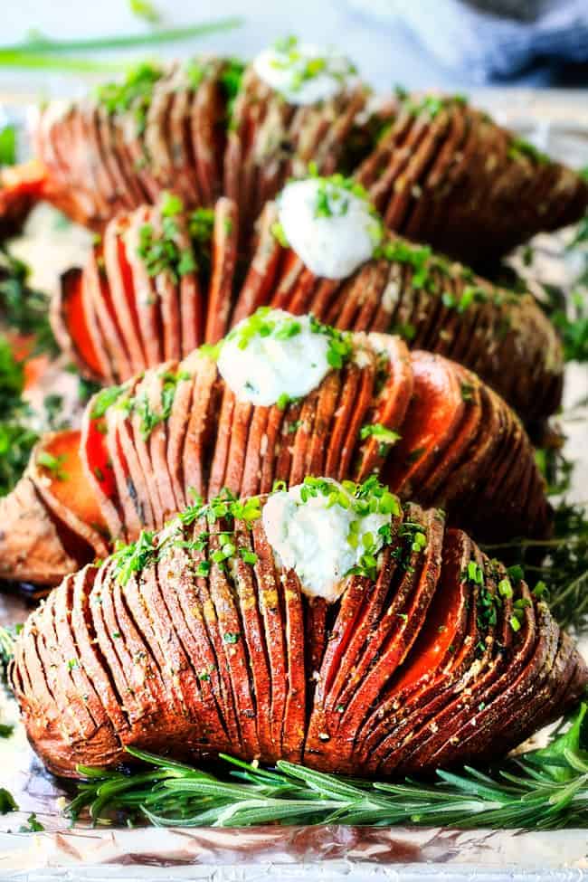 Hasselback sweet potatoes with garlic herb butter
