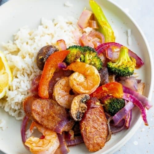 Shrimp and andouille sheet pan dinner