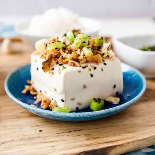 silken tofu with sesame and onion toppings