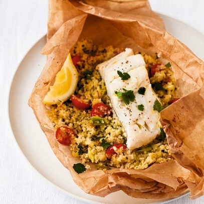 Steamed fish with couscous parcels