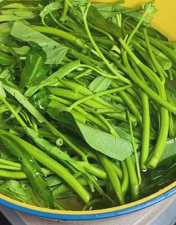 Soak the water spinach in salt water for 5 minutes